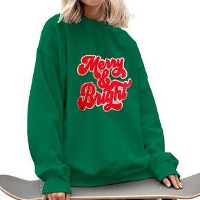Merry Christmas Sweatshirt Women Glitter Chenille Letter Merry And Bright Hunter Green Top Fall Winter Pullover for Gifts