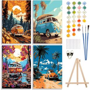 4 Pack Paint by Number Kit for Adults Framed Canvas, DIY Adult Paint by Number Kits with Easel, Acrylic Easy Paint by Numbers for Beginners, Sunset Beach Arts and Crafts for Home Decor 8x12inch