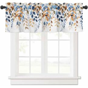 Fall Leaves White Flowers Curtain Valance for Windows Watercolor Blue Brown Window Treatments 1 Panel Short Curtains for Kitchen Windows Bathroom Bedroom,54 x 18 Inch