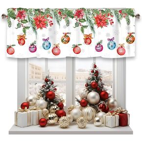 Christmas Curtain Valance for Windows Pine Tree Ball Xmas Tree Winter Holiday Window Treatments 1 Panel Short Curtains for Kitchen Windows Bathroom Bedroom,54 x 18 Inch