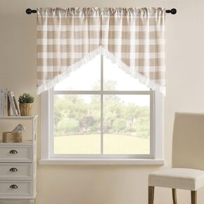 Home Queen Ruffle Waffle Swag Curtain Valances for Bathroom Window, Scallop Baffalo Check Kitchen Window Valences, 36 W x 36 L, 2 Panel, Taupe