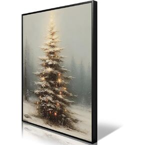 Vintage Christmas Pine Tree Canvas Wall Art Light Up Christmas Tree Painting Poster, Winter Snowy Poster, Muted Neutral Rustic FarmHouse Winter Picture Prints for Wall Decor 12x16in Unframed