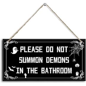 DZQUY Witchy Halloween Bathroom Wood Sign Ghost Wooden Wall Sign Decor Please Do Not Summon Demons In The Bathroom Door Plaque Gifts for Restroom Bathroom 12x6 Inches