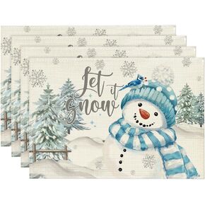 Artoid Mode Xmas Trees Let It Snow Blue Snowman Christmas Placemats Set of 4, 12x18 Inch Winter Table Mats for Party Kitchen Dining Decoration