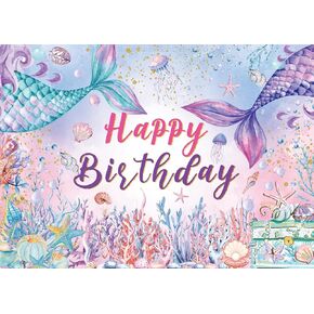 Mermaid Happy Birthday Backdrop Fish Tail Coral Decoration Banner Marine biological Background for Princess Girl Mermaid Theme Birthday Party Supplies Photo Booth Props (7X5FT(82x59inch))