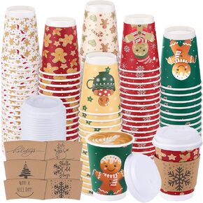 60 Set Winter Coffee Cups 12 Oz Double-Layer Christmas Gingerbread Man Paper Cups with Lids and Cup Sleeves Disposable Coffee Cups, 6 Designs for Xmas Hot Cold Beverage Party Supplies