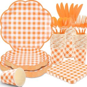 175 Pcs Orange Gingham Plates and Napkins Party Supplies - Orange and White Checkered Plates Sets Serves 25 - Disposable Fall Paper Plates for Baby Shower Birthday Thanksgiving Party Decorations