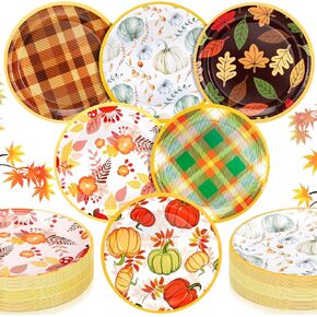 Uiifan 120 Pcs Thanksgiving Fall Paper Plates Retro Maple Leaf Pumpkin Plaid Dessert Plates Disposable Autumn Harvest Round Plates Dinnerware Photo Props Holiday Dinner Decoration, 6 Styles(9 Inch)