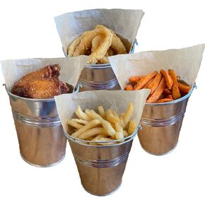 12 Tinplate Metal Buckets for French Fries Garden Party 4.2 Inch Tin Pails with Bonus Stickers