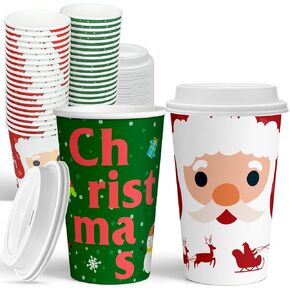 Ginkgo Christmas Disposable Coffee Cups with Lids 12 oz, Santa Claus Paper Cups for Hot Cocoa and Chocolate and Drinks, Xmas Holiday Party Decoration Supplies - 40 Pack