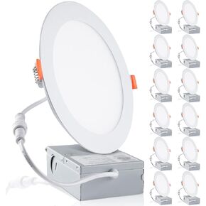 12Pack recessed lighting 6 Inch 6500K Daylight Ultra-Thin LED Recessed Ceiling Light with Junction Box, 1050LM Brightness Can lights, Canless Wafer LED Downlight, 12W&FCC (6500K, 6Inch-12Pack)