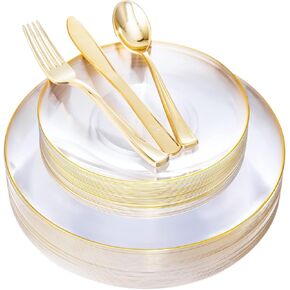Nervure 125PCS Thanksgiving Plastic Plates - Disposable White and Gold Rim Plates Include 25 Dinner Plates, 25 Salad Plates, 25 Forks, 25 Knives, 25 Spoons for Thanksgiving & Parties