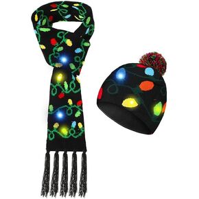 Christmas LED Beanie Hat & Scarf, Light up Hat Knitted Scarf Set Xmas Light up Hats for Women Man