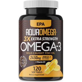 3X Extra Strength EPA Omega-3 Supplement - Wild Caught Omega3 Fish Oil Capsules with EPA, DHA and Vitamin D - Burpless Omega 3 Fish Oil Supplements 2450mg - 120 Softgels