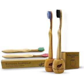 NeWorld TECHNOLOGY 4-Pack Biodegradable Bamboo Toothbrushes – (02 Holders Free) - Soft Nylon Bristles, BPA-Free, Eco-Friendly Oral Care for Adults & Kids