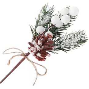 10PCS Artificial Christmas Picks White Berry Stems Faux Frosted Pine Branches Holly Spray with Bow-knot Pinecones for Xmas Tree Flower Arrangement Wreath Winter Holiday Season Décor (White, 10) in Kuwait