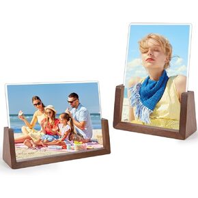 4x6 Wooden Photo Picture Frame 2 Pack,High Definition Shatter Proof Acrylic Picture Frames with Walnut Wooden Base for Tabletop or Desk Decor,Desk Picture Frames for Office(Horizontal + Vertical, 4×6 inch)