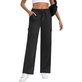 Neer Women's Cargo Sweatpants High Waisted Wide Leg Sweat Pants Drawstring Casual Baggy Joggers Straight Trouser with Pockets