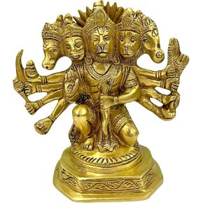 Genuine Brass Asta Dhatu 8 Metals Made 5 Faced Bajrang Bali Hanuman ji Idol for Home & Temple (6.6"x 3.9",Yellow) (Large)