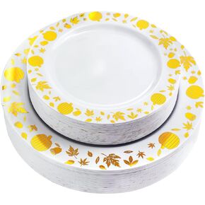 bUCLA 60PCS Thanksgiving Plates & White and Gold Plastic Plates-Including 30Dinner Plates and 30Dessert Plates for Giving Thanks Theme Party