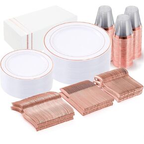 Gather 176 Pieces Gold Plates Disposable - White and Gold Plastic Plates Includes 50 Gold Rimmed Plates, 25 Plastic Silverware, 25 Napkins, 25 Cups and 1 Tablecloth for Party & Thanksgiving