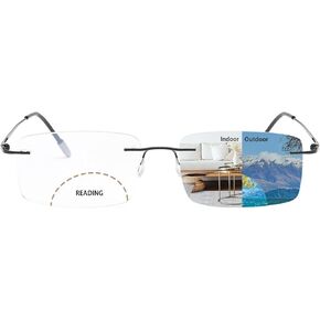 Photochromic Progressive Bifocal Reading Glasses Titanium Frameless Men's Reading Glasses UV400 Anti-blue Light Glasses