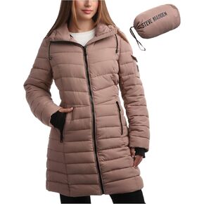 معطف شتوي نسائي من Steve Madden - معطف باركا مبطن طويل الطول قابل للتعبئة - سترة ملابس خارجية بغطاء للرأس للنساء، مقاس S-XL