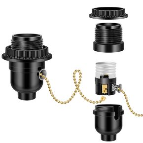 UL Listed E26 Light Socket, Threaded Lamp Socket Replacement with Pull Chain Switch Medium Base Lamp Parts with Lamp Shade Ring Ring for Table lamp, Floor lamp, Light Fixture, Black 1-Pack