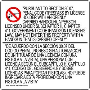 ComplianceSigns.com Texas 30.07 Concealed Carry Bilingual Window Cling, 24" x 24"