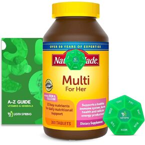 Women's Multivitamin Tablets, 300 Count for Daily Nutritional Support with Better Ligth&Spring Guide + Weekly Pill Organizer (3 Items)