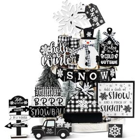 18 Pcs Christmas Tiered Tray Decor Black and White Buffalo Plaid Christmas Decorations Hello Winter Snowman Snowflake Wooden Signs Farmhouse Christmas Decor for Home Table Shelf