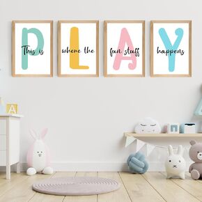 Set of 4 Framed Kids Playroom Wall Art Prints Decor for Children Playroom,12x16"Toddler Kids Playroom Canvas Wall Art Prints Framed Nursery Children Artwork for Kids Bedroom Decoration