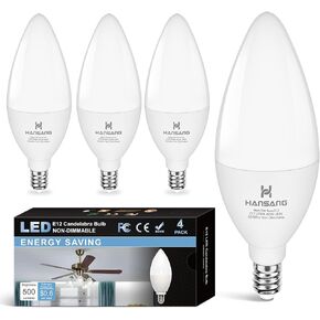 hansang E12 LED Candelabra Bulbs 3000K Soft White, 60Watt Equivalent, Type B Bulb for Chandelier, B11 LED Bulb, 5W Fan Light Bulbs Small Base, 500LM, 120V, CRI85+, 4 Pack, Non-dimmable