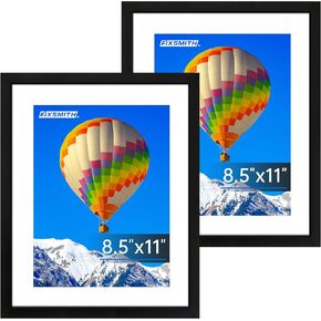 FIXSMITH 8.5x11 Picture Frame Set of 2, Photo Frame with HD Plexiglass, Display Pictures 6x8 with Mat or 8.5x11 Without Mat, Black Picture Frames Collage Wall Decor, Gallery Wall Frame