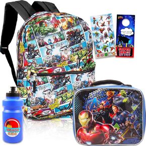 Avengers Backpack with Lunch Bag Set - Bundle with 16" Avengers Backpack for Boys 8-12, Avengers Lunch Box, Water Bottle, Stickers, More | Avengers School Backpack