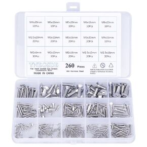 Flat Head Socket Cap Screws Countersunk Bolts M2 M2.5 M3 M4 M5 M6 Metric Screw Bolt Assortment 304 Stainless Steel Metric Machine Screws, Allen Socket Drive, Fully Threaded 260 Pieces