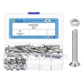 60Pcs M5-0.8 x 35mm Flat Head Hex Socket Cap Screws Bolts Nuts Kit, 304 Stainless Steel Round Flat Metric Machine Screws, Full Thread