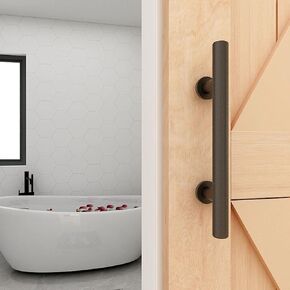 Modern 9.5" Sliding Barn Door Pull Handle with Flush Hardware Set Rustic Design Black Powder Coated Finish, Anti-Rust, Heavy Duty Both Side Handles Design