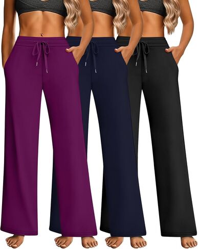 Riyiper 3 Pack Women's Straight Leg Sweatpants High Waisted Lounge Pants Knitted Open Bottom Drawstring Pants with Pocket in Saudi Arabia