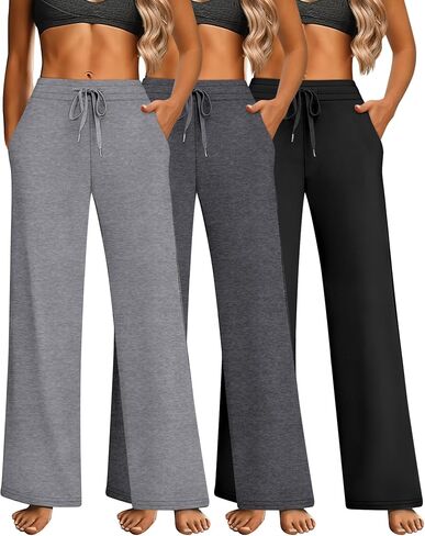 Riyiper 3 Pack Women's Straight Leg Sweatpants High Waisted Lounge Pants Knitted Open Bottom Drawstring Pants with Pocket in Saudi Arabia
