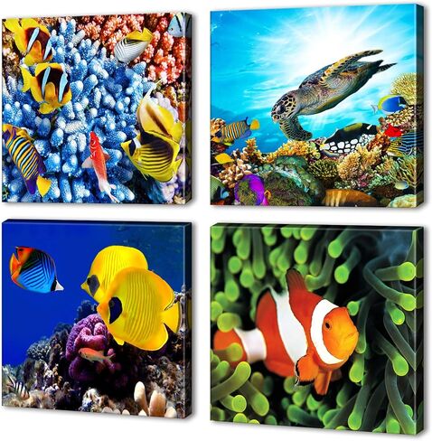 Bathroom Decor Wall Art 4 PCS Blue Ocean Theme Seashells Starfish Coastal Painting Beach Wall Art Pictures Prints Posters Modern Framed Ready for Kids Room Bathroom Bedroom Decor to Hang in Saudi Arabia
