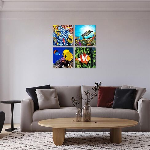 Bathroom Decor Wall Art 4 PCS Blue Ocean Theme Seashells Starfish Coastal Painting Beach Wall Art Pictures Prints Posters Modern Framed Ready for Kids Room Bathroom Bedroom Decor to Hang in Saudi Arabia