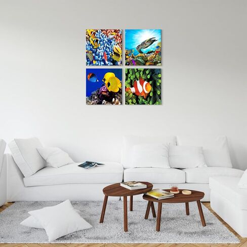 Bathroom Decor Wall Art 4 PCS Blue Ocean Theme Seashells Starfish Coastal Painting Beach Wall Art Pictures Prints Posters Modern Framed Ready for Kids Room Bathroom Bedroom Decor to Hang in Saudi Arabia