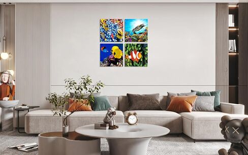 Bathroom Decor Wall Art 4 PCS Blue Ocean Theme Seashells Starfish Coastal Painting Beach Wall Art Pictures Prints Posters Modern Framed Ready for Kids Room Bathroom Bedroom Decor to Hang in Saudi Arabia