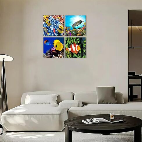 Bathroom Decor Wall Art 4 PCS Blue Ocean Theme Seashells Starfish Coastal Painting Beach Wall Art Pictures Prints Posters Modern Framed Ready for Kids Room Bathroom Bedroom Decor to Hang in Saudi Arabia
