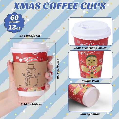 60 Set Winter Coffee Cups 12 Oz Double-Layer Christmas Gingerbread Man Paper Cups with Lids and Cup Sleeves Disposable Coffee Cups, 6 Designs for Xmas Hot Cold Beverage Party Supplies in Kuwait