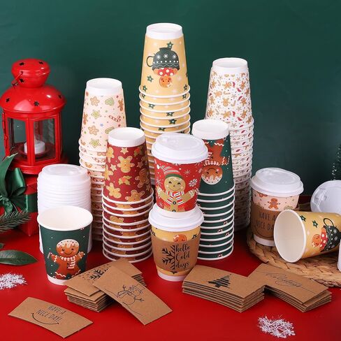 60 Set Winter Coffee Cups 12 Oz Double-Layer Christmas Gingerbread Man Paper Cups with Lids and Cup Sleeves Disposable Coffee Cups, 6 Designs for Xmas Hot Cold Beverage Party Supplies in Kuwait