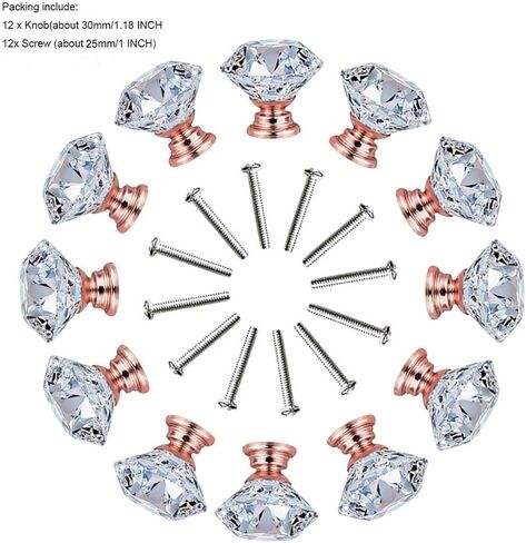 12 Pcs 30MM Crystal Clear Glass Dresser Knobs Silver Diamond Drawer Knobs Pulls Handles Kitchen Cabinet Knobs for Dresser Drawers(Clear) in Kuwait