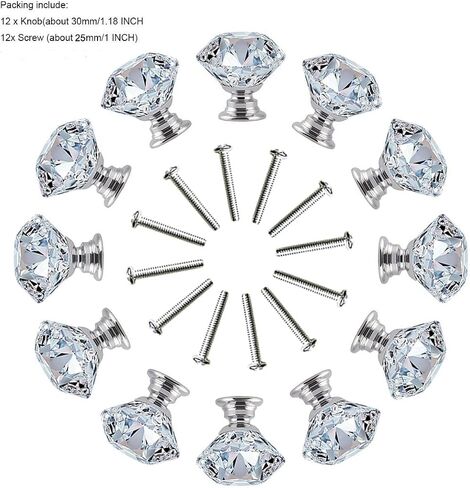 12 Pcs 30MM Crystal Clear Glass Dresser Knobs Silver Diamond Drawer Knobs Pulls Handles Kitchen Cabinet Knobs for Dresser Drawers(Clear) in Kuwait