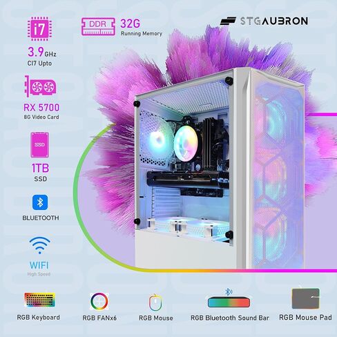STGAubron Gaming Desktop PC, Intel Core i7-6700 up to 4.0G, 16G DDR4, 1T SSD, Radeon RX 5700 XT 8G GDDR6, 600M WiFi, BT 5.0, RGB Fan x 6, RGB Keyboard & Mouse & Mouse Pad, RGB BT Sound Bar, W10H64 in Saudi Arabia